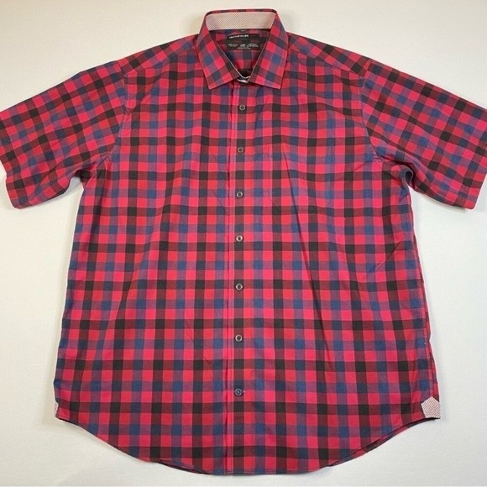 Leo Chevalier Design No Iron Button Up Shirt Men's XL Gingham Plaid Short Sleeve